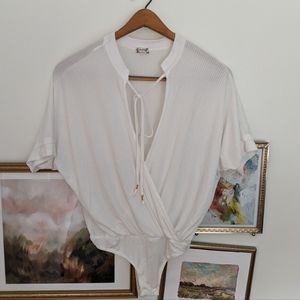 Intimately Free People White Ribbed Surplice Bodysuit